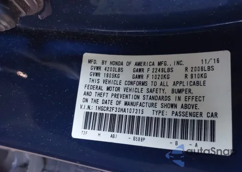 2017 Honda Accord Lx из США, поврежденный, VIN 1HGCR2F30HA107315